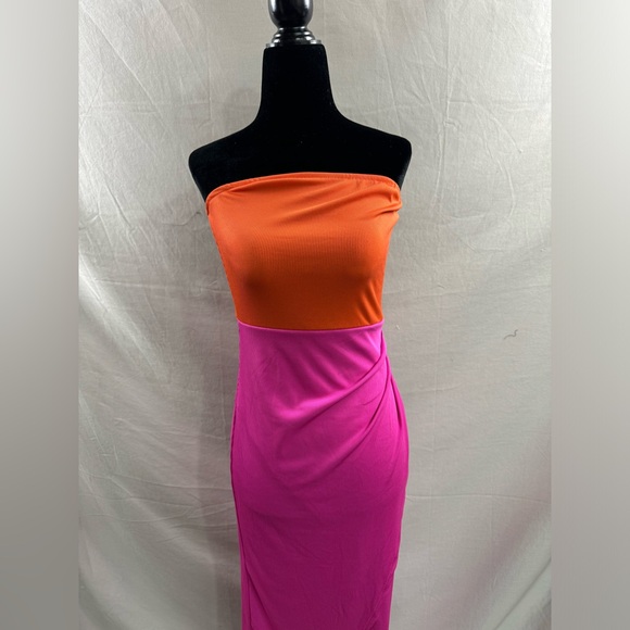 Slit Thigh Rib-knit Tube Dress Pink Orange - Picture 7 of 8